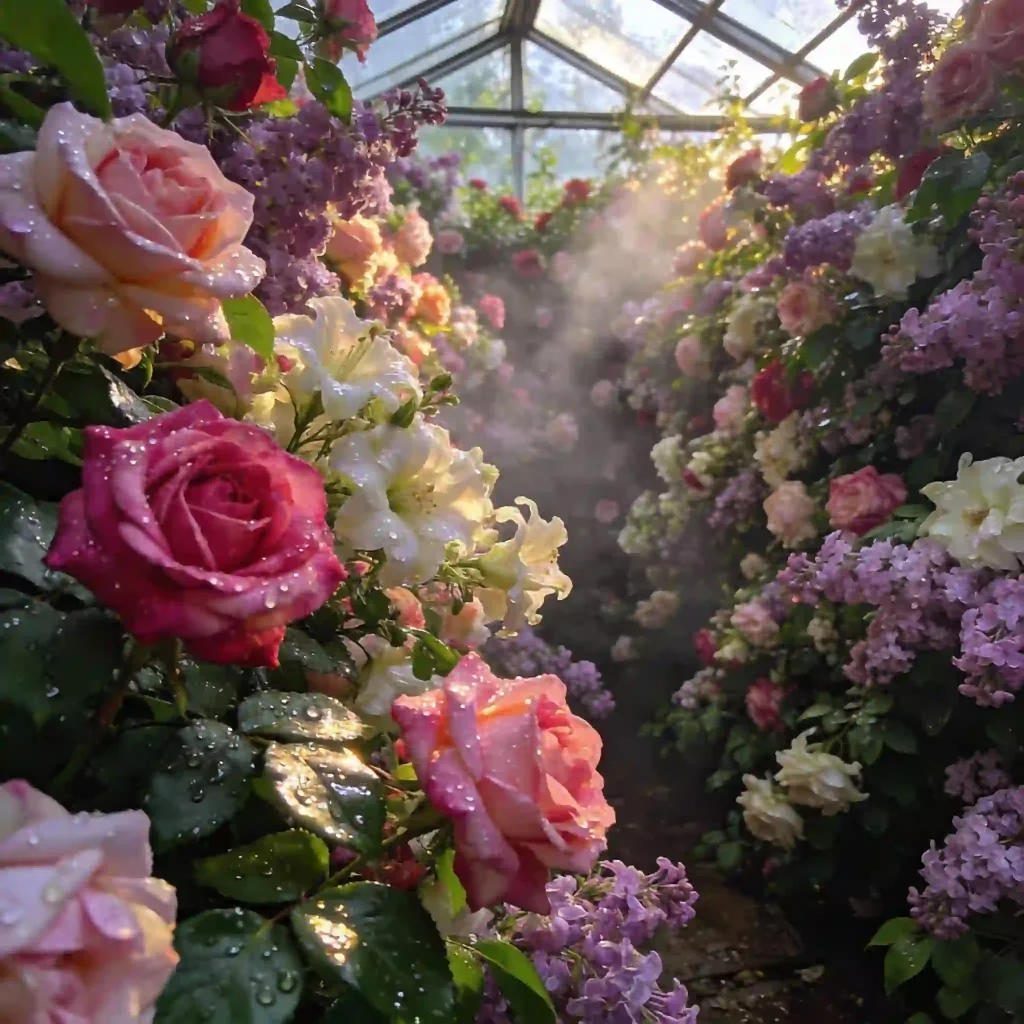 Private label custom fragrance floral scent with fresh roses and lilacs in a garden.