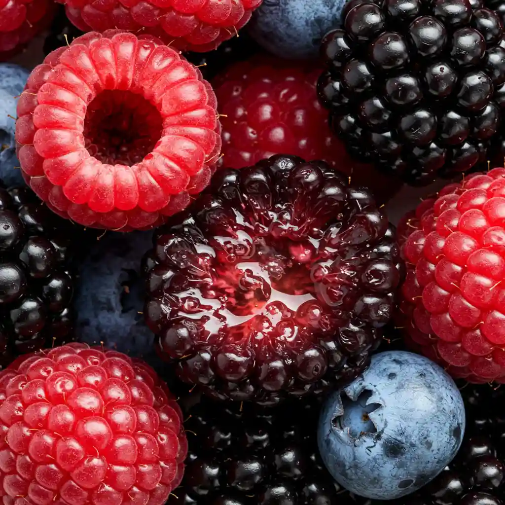 Private label custom fragrance fruity scent with fresh berries, raspberries, blackberries, and blueberries.