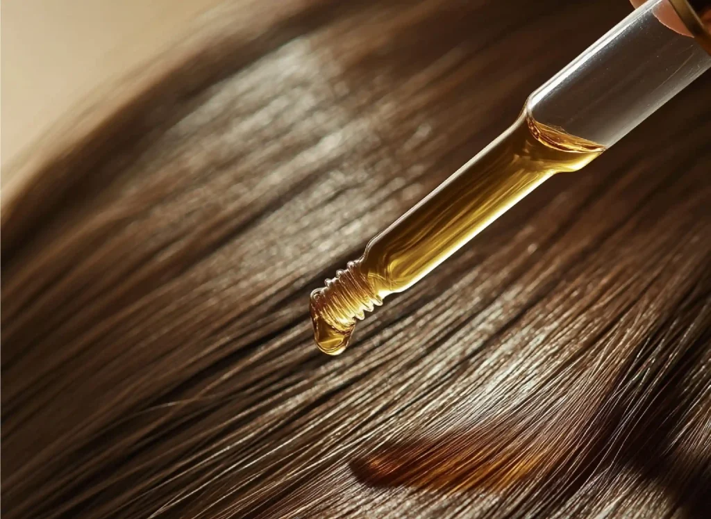 Close-up of golden hair serum being applied with a glass dropper to smooth brown hair strands, professional treatment.