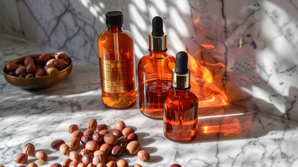 Close-up of amber glass dropper bottles filled with golden argan oil on a marble surface.
