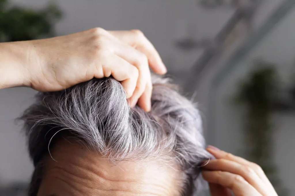 Close-up of a person running hands through graying hair, representing the aging hair care and silver hair market.