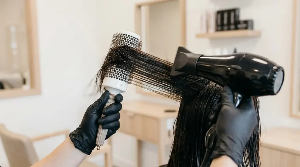 Stylist blow-drying damp hair straight using a large round brush and a professional black hair dryer.