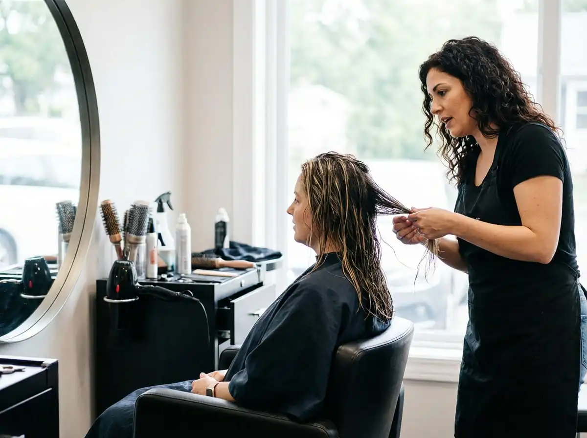 A professional hair stylist consulting with a client in a bright salon about keratin and color services.