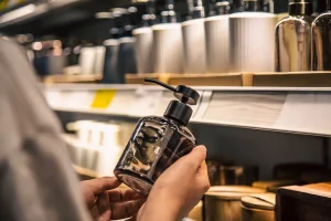 A shopper's hands holding a dark glass hair care pump bottle in a well-stocked retail aisle, highlighting consumer behavior.