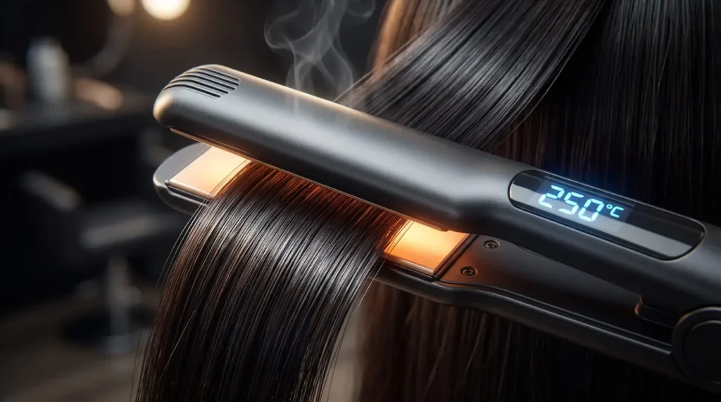 A flat iron at 250°C sealing a keratin treatment into dark hair, with visible steam for a glossy finish.