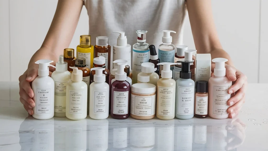 A wide variety of minimalist hair care bottles and jars arranged on a marble surface, representing market diversity.