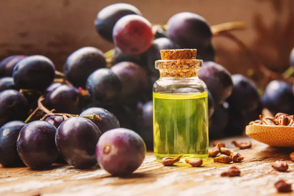A small glass bottle of pale green grapeseed oil next to fresh purple grapes and seeds on a wooden table.