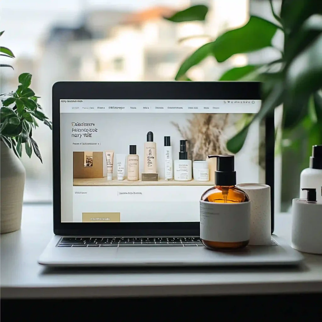 A laptop displaying a modern e-commerce store for private label hair products with minimalist branding.