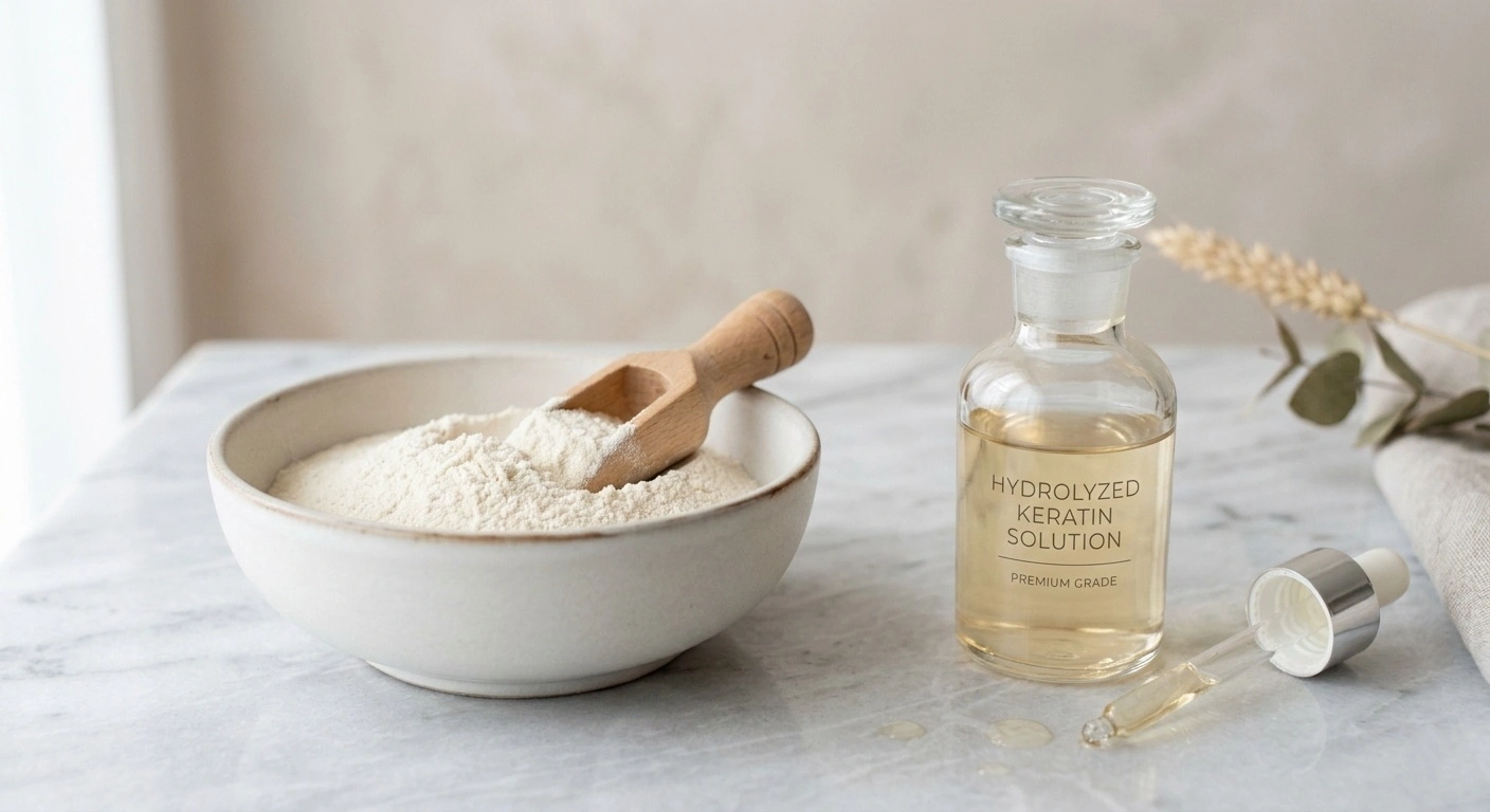 A bowl of white keratin powder next to a glass bottle labeled Hydrolyzed Keratin Solution.