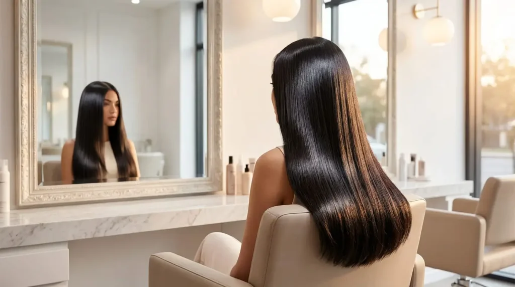 Rear view of a woman with incredibly shiny, smooth, and straight black hair after a professional keratin treatment.