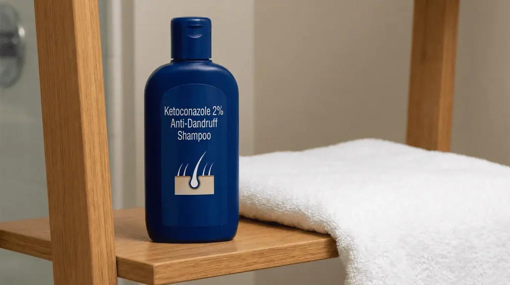 A blue bottle of Ketoconazole 2% shampoo on a wooden shelf next to a rolled white towel.
