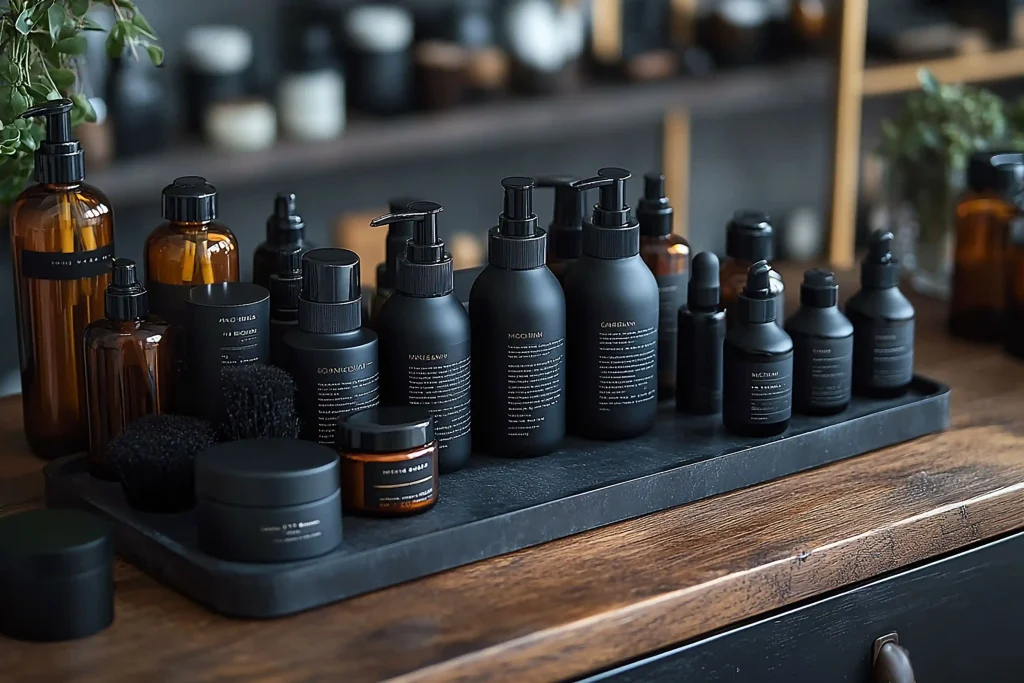 Aesthetic display of hair products in eco-friendly brown paper bags and recyclable glass jars.