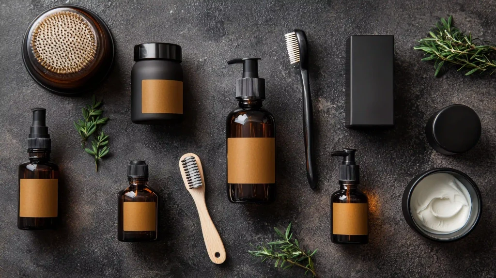Flat lay of luxury men's hair care bottles, jars, brushes, and rosemary sprigs on a dark stone surface.