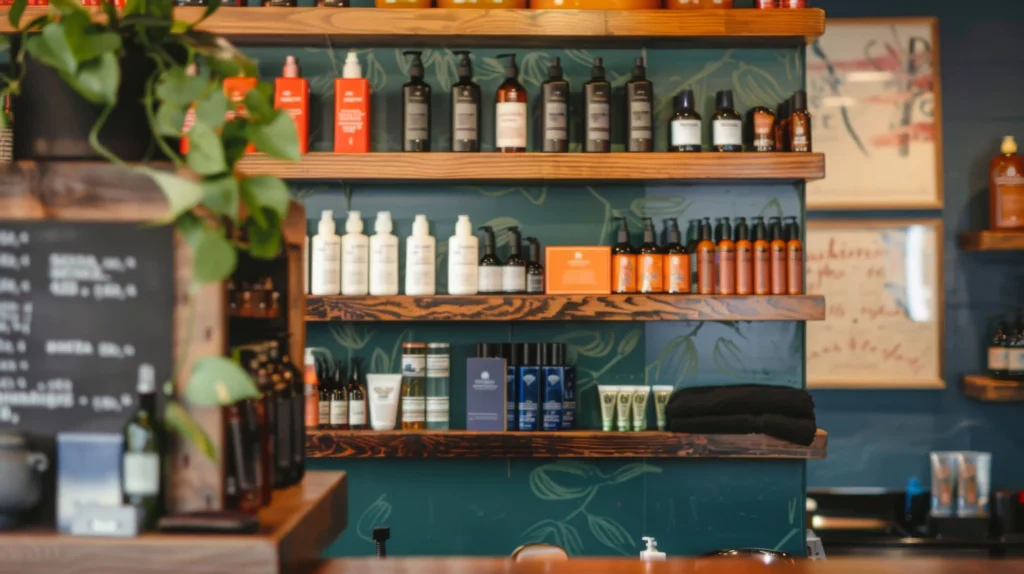 Luxury retail display of assorted private label hair care bottles on wooden shelves in a boutique salon.