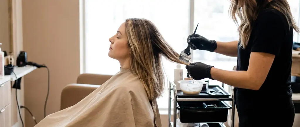 Stylist wearing black gloves applying a keratin treatment to a client's blonde-highlighted hair with a brush.