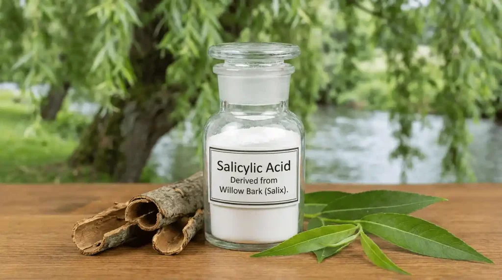 A glass jar of Salicylic Acid powder with natural willow bark and green leaves on a wooden table.