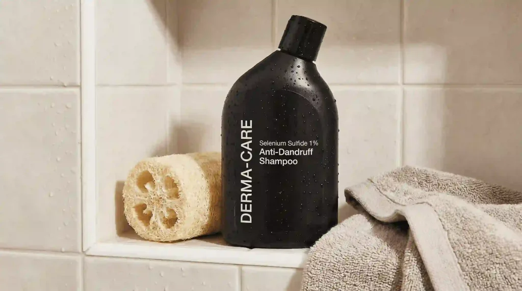A black bottle of Selenium Sulfide 1% shampoo in a bathroom setting with a natural loofah.