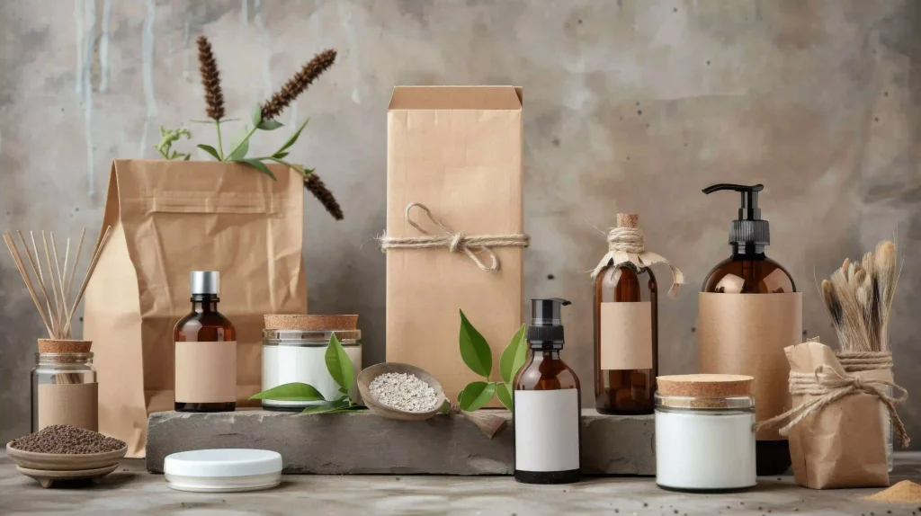 Aesthetic display of hair products in eco-friendly brown paper bags and recyclable glass jars.