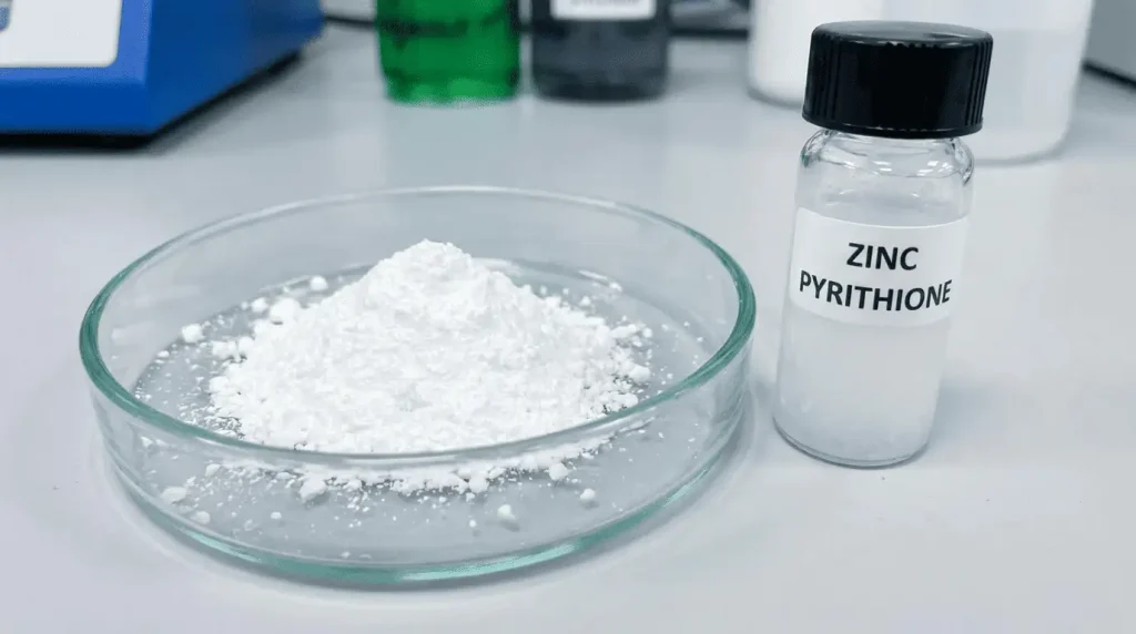 A petri dish of white Zinc Pyrithione powder next to a labeled glass bottle in a laboratory.
