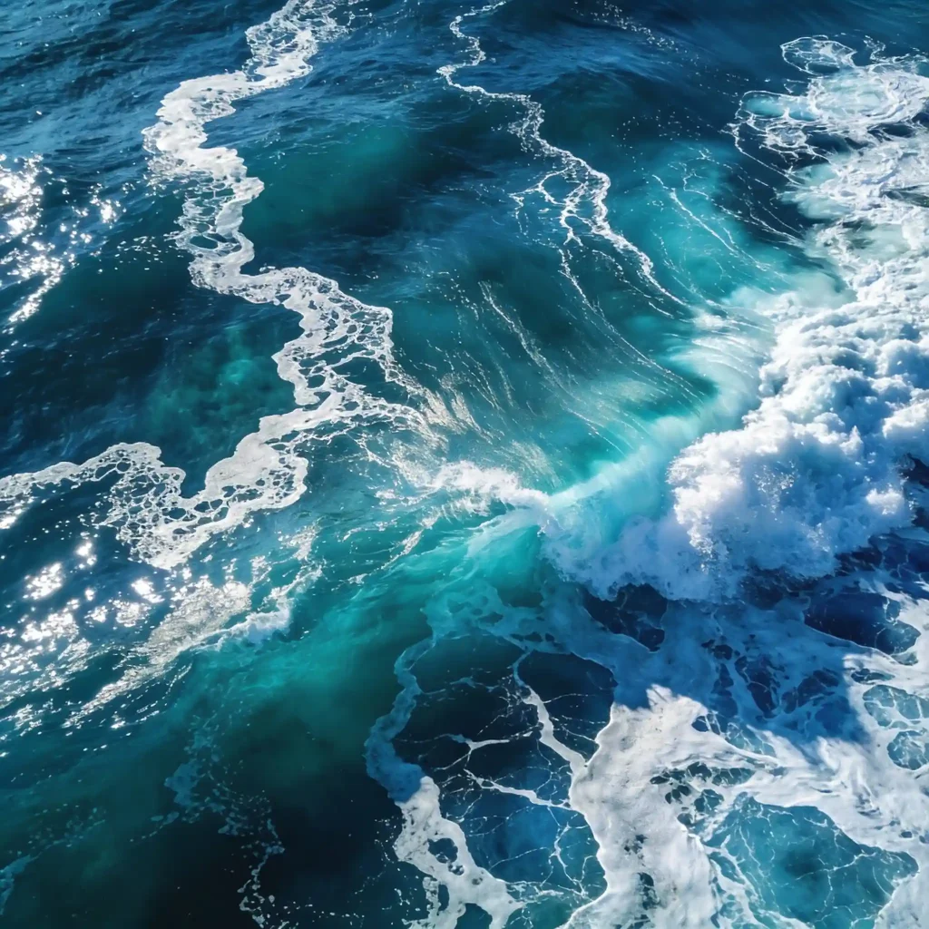 Cool blue water ripples and sea salt elements representing a clean, airy, and refreshing aquatic scent.