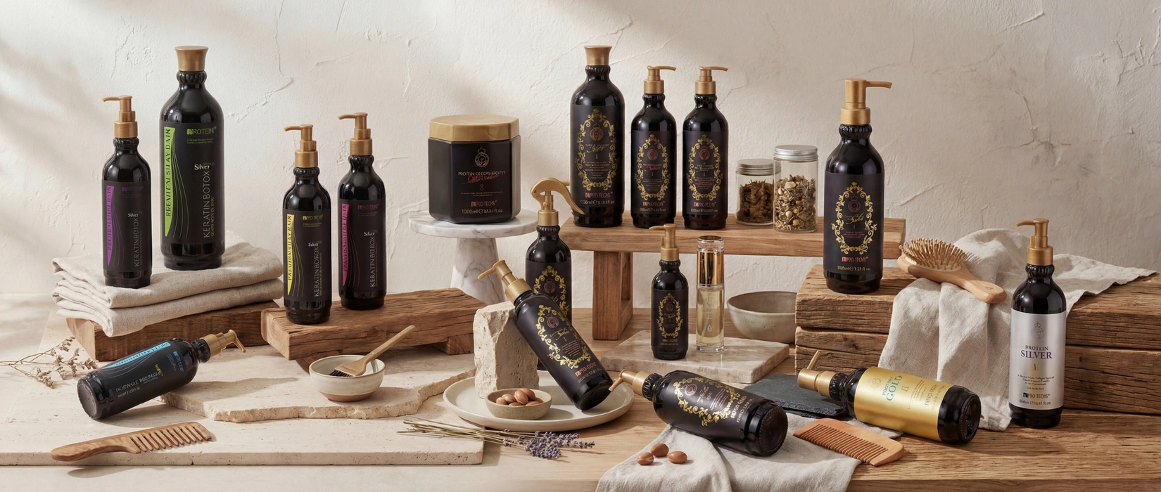 Comprehensive collection of PRO-TECHS professional hair care products, including Keratin and Botox series on rustic displays.