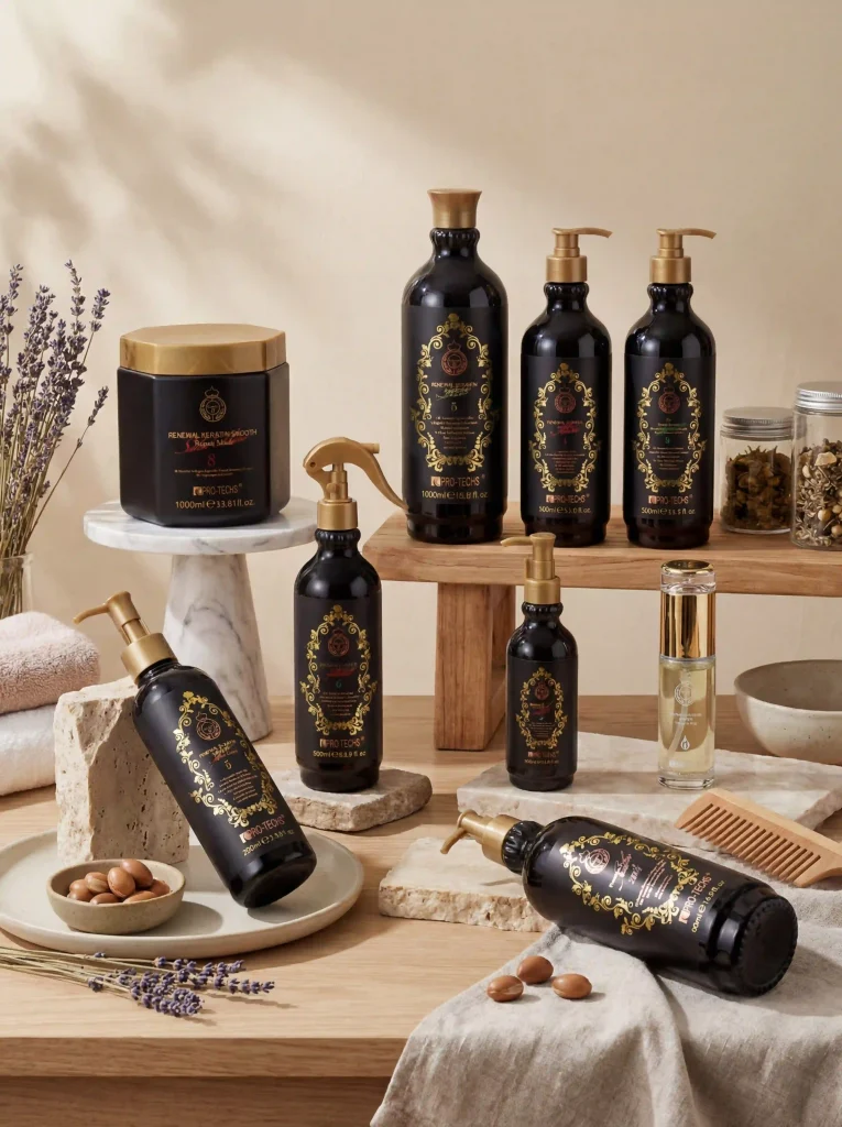 Full PRO-TECHS 0+ series: Shampoo, Keratin, Oil, Mask, and Conditioner for complete hair rejuvenation.