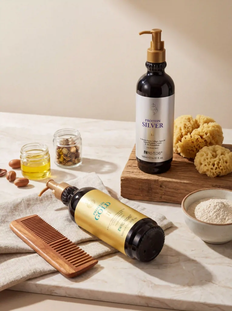 PRO-TECHS Protein Gold and Silver keratin treatment duo for resistant and blonde hair types.