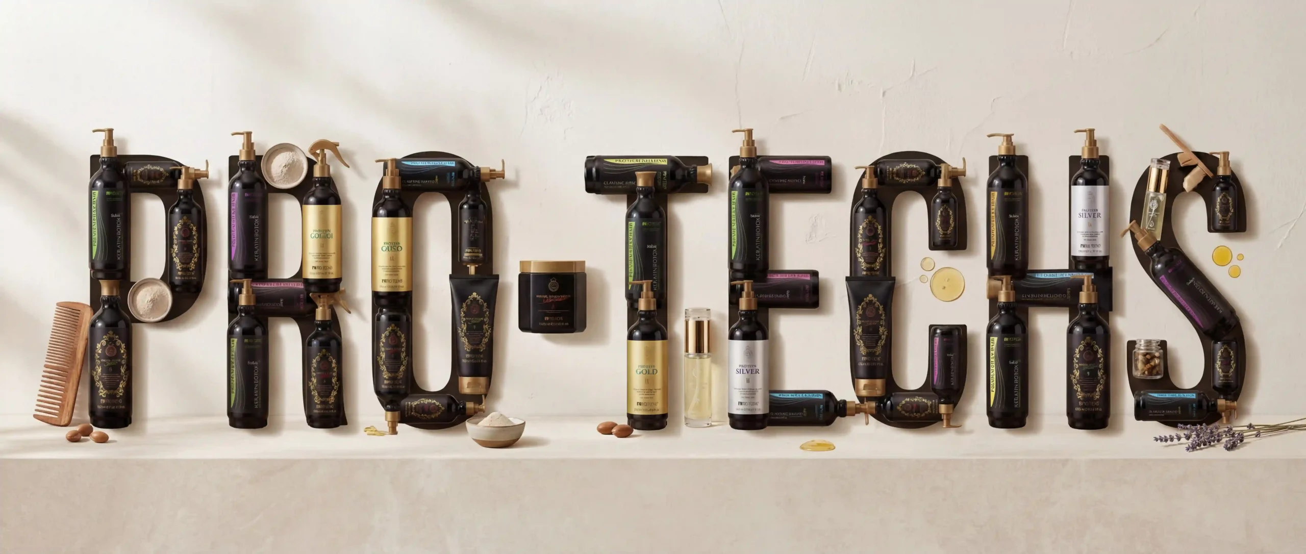 Creative product arrangement forming the word "PRO-TECHS" using professional hair care bottles and ingredients.