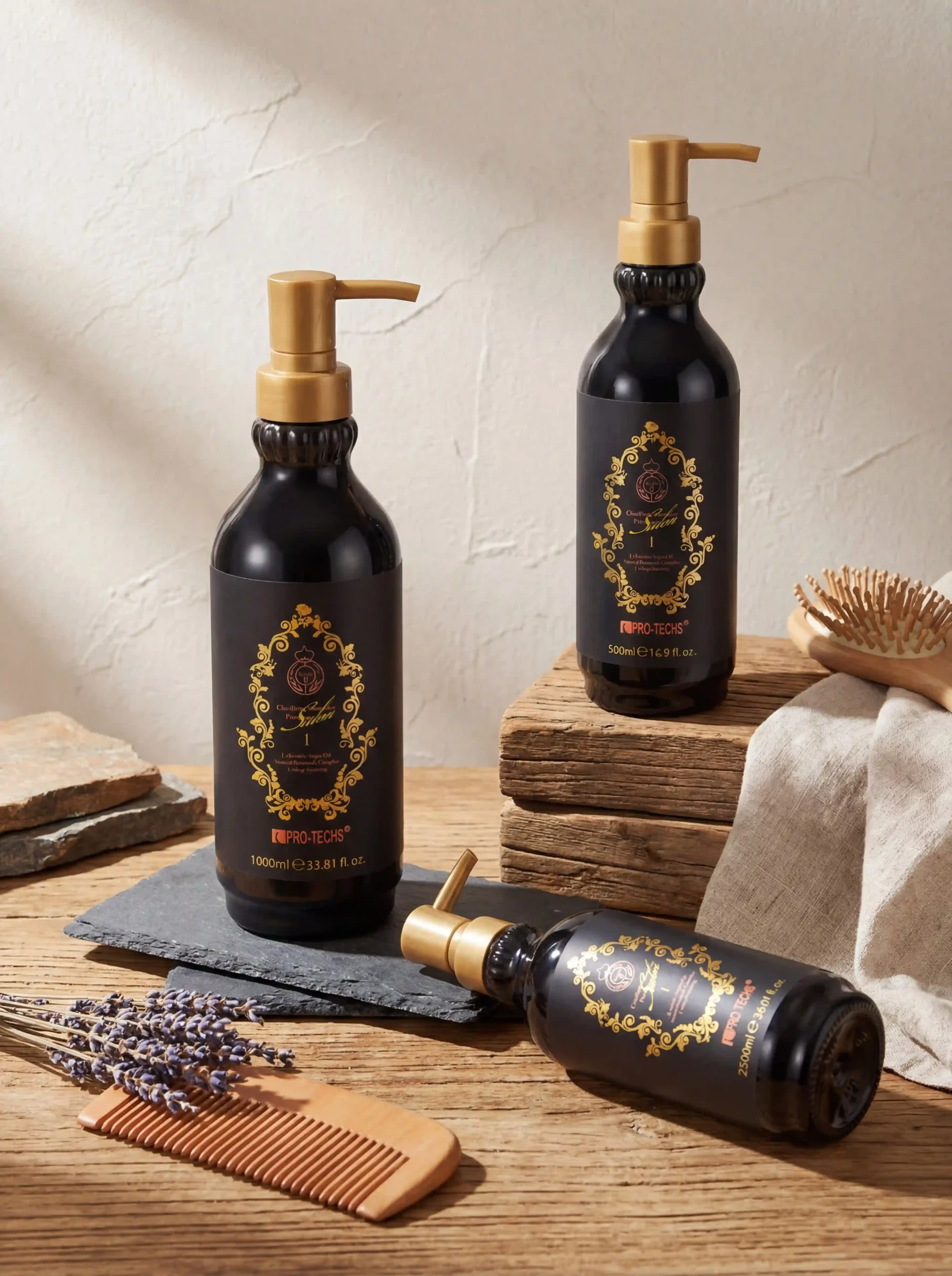 PRO-TECHS first-generation formaldehyde-free protein treatment in amber bottles, featuring natural ingredients and salon-grade repair.