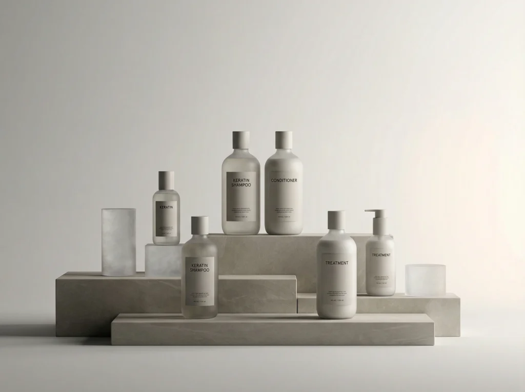 Private label hair care products arranged neatly, minimalist packaging, no visible brand logo