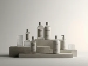 Private label hair care products arranged neatly, minimalist packaging, no visible brand logo