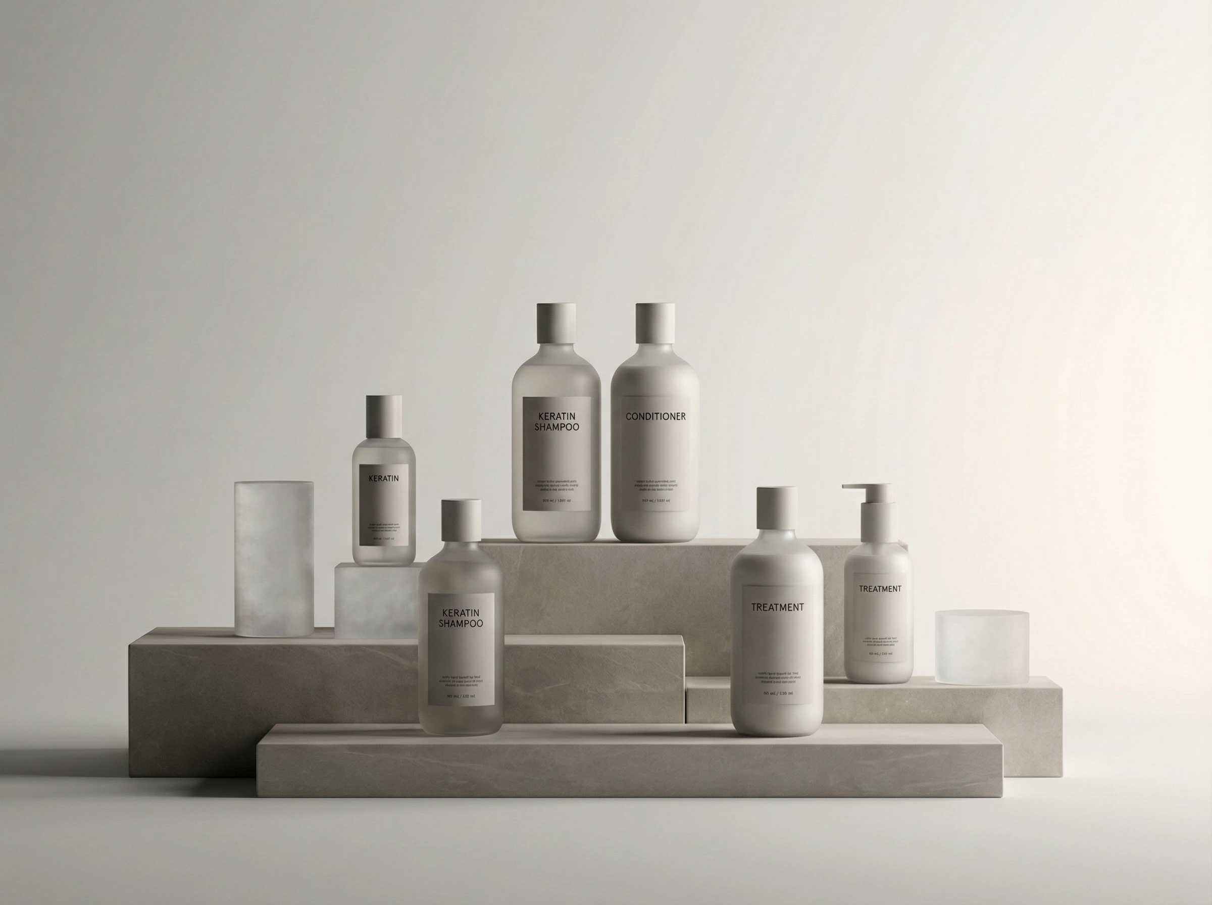 Private label hair care products arranged neatly, minimalist packaging, no visible brand logo