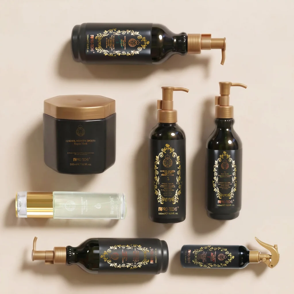 Assorted dark daily haircare bottles with gold ornate labels and pump tops on a light background.