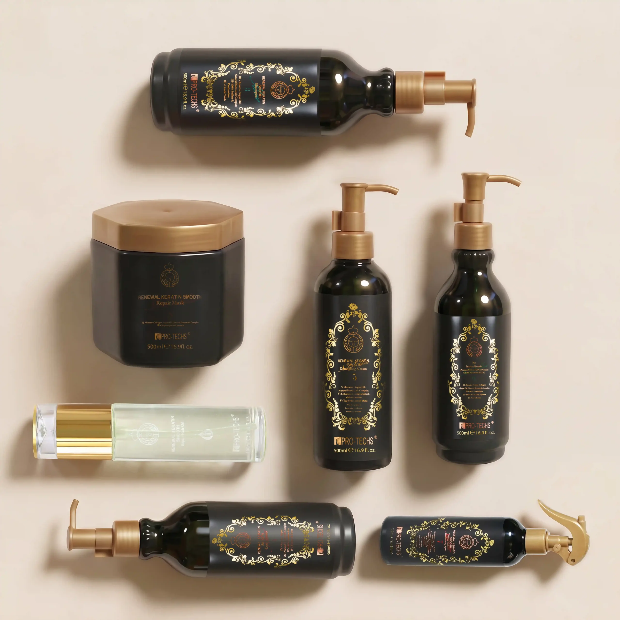 Assorted dark daily haircare bottles with gold ornate labels and pump tops on a light background.