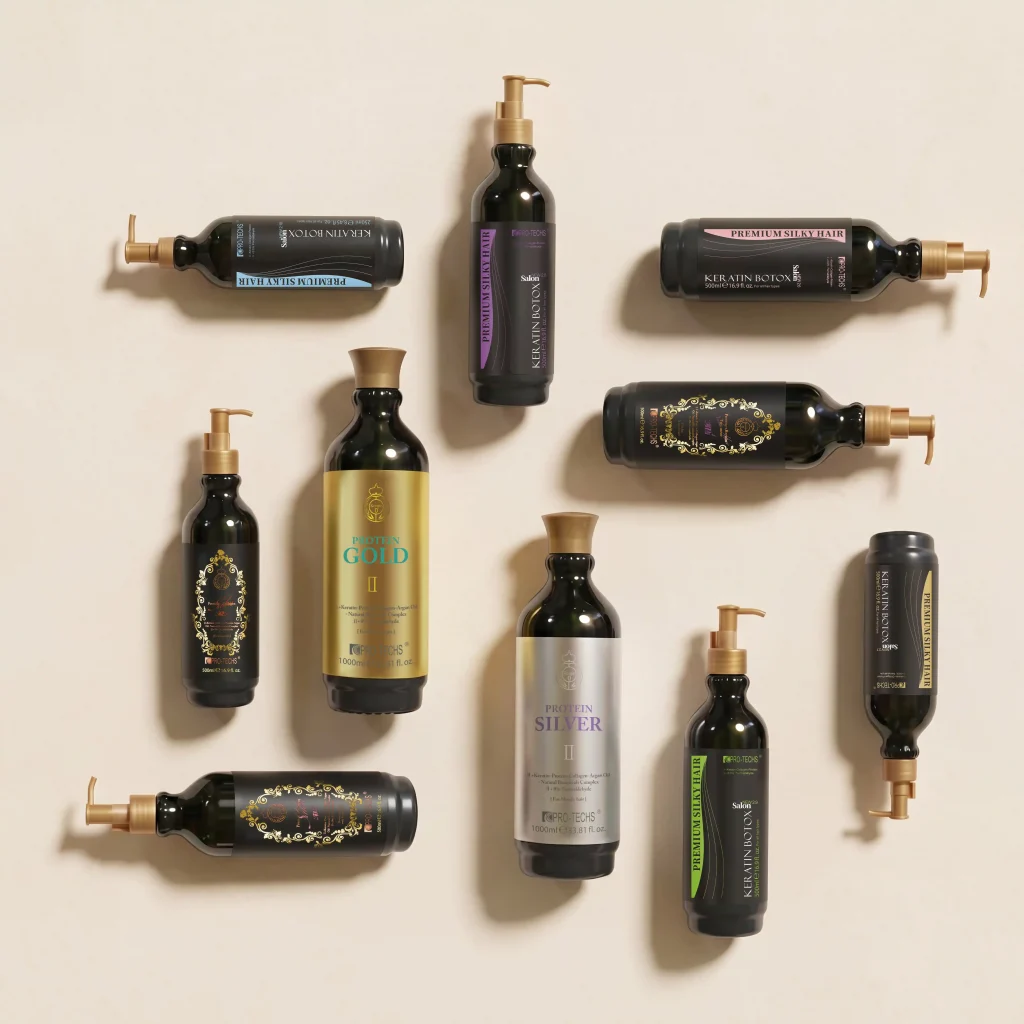 Row of dark bottles with gold pumps arranged horizontally on a light beige background, each labeled with premium keratin treatments.