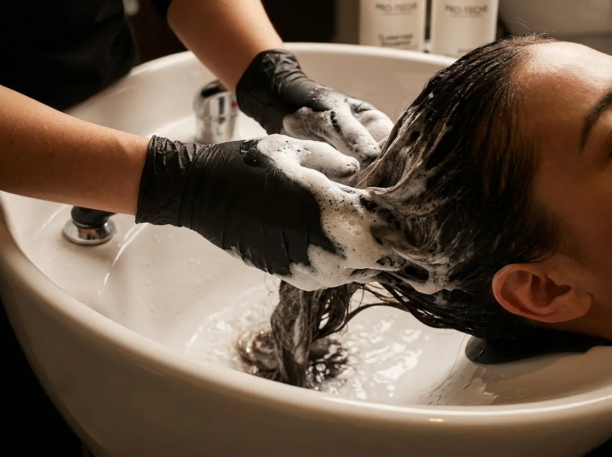 A hairstylist massages rich lather from PRO-TECHS Clarifying Shampoo into a client's hair.