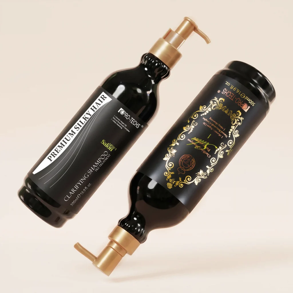 Two black pump bottles of clarifying shampoos with gold pumps, angled diagonally on a light beige background.