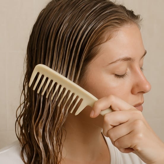 Woman gently detangling wet hair using a wide-tooth comb to prevent breakage after hair treatment.