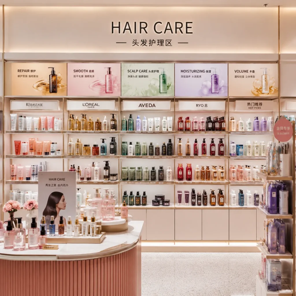 Store display of hair care products on shelves beneath a 'HAIR CARE' sign, with multiple brands and rows of bottles.