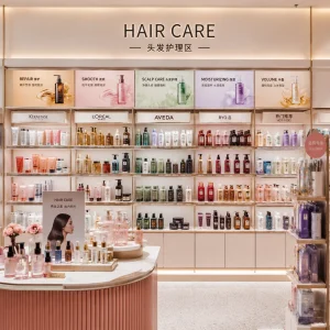 Store display of hair care products on shelves beneath a 'HAIR CARE' sign, with multiple brands and rows of bottles.