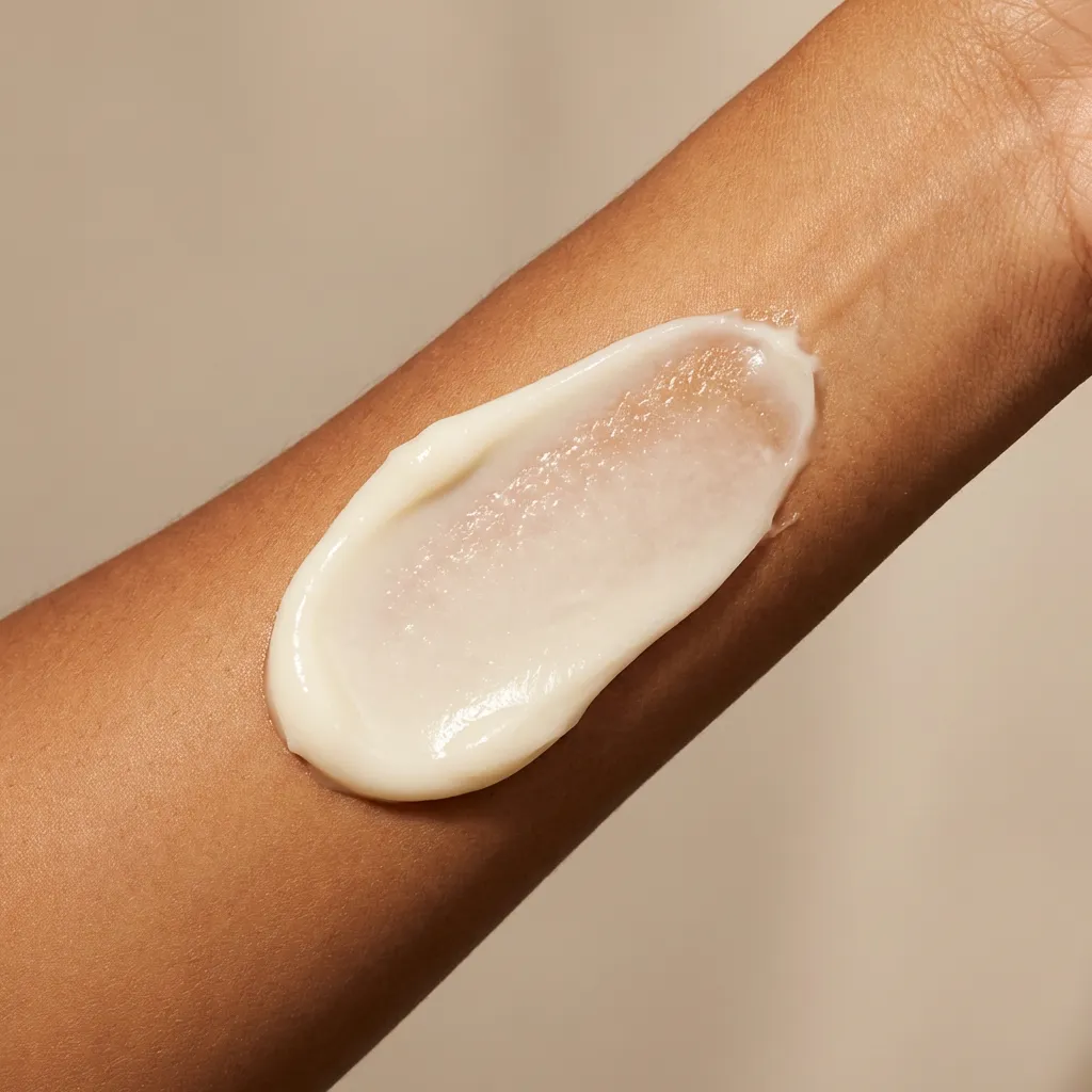 A soft, velvety white hair mask cream swatch, highlighting a rich emollient texture for intensive repair.