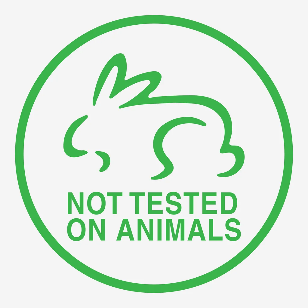 Green circular logo featuring a stylized rabbit outline and the text 'NOT TESTED ON ANIMALS' for ethical hair care products.