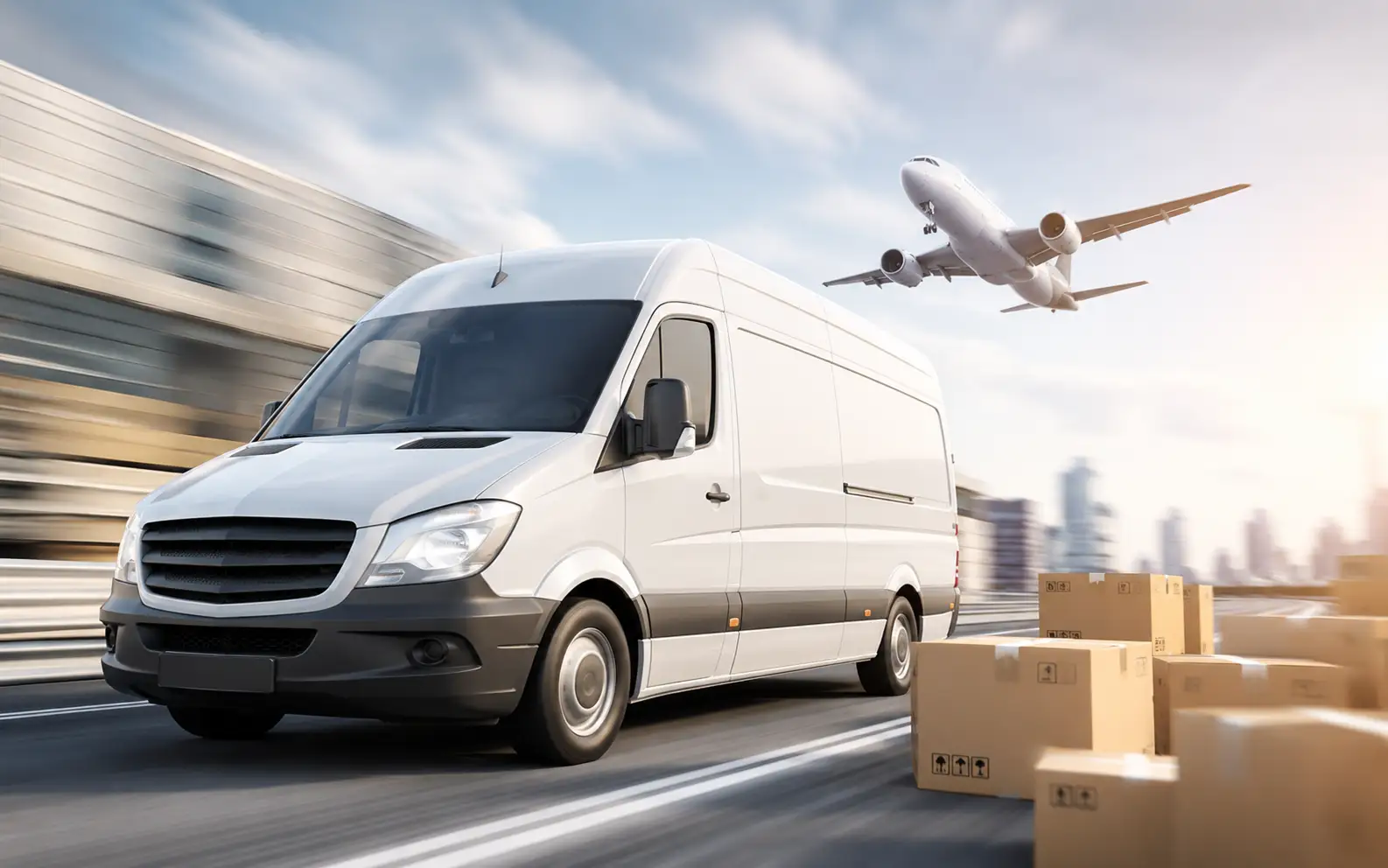 White delivery van on a highway with a plane in the sky and boxes in the foreground.