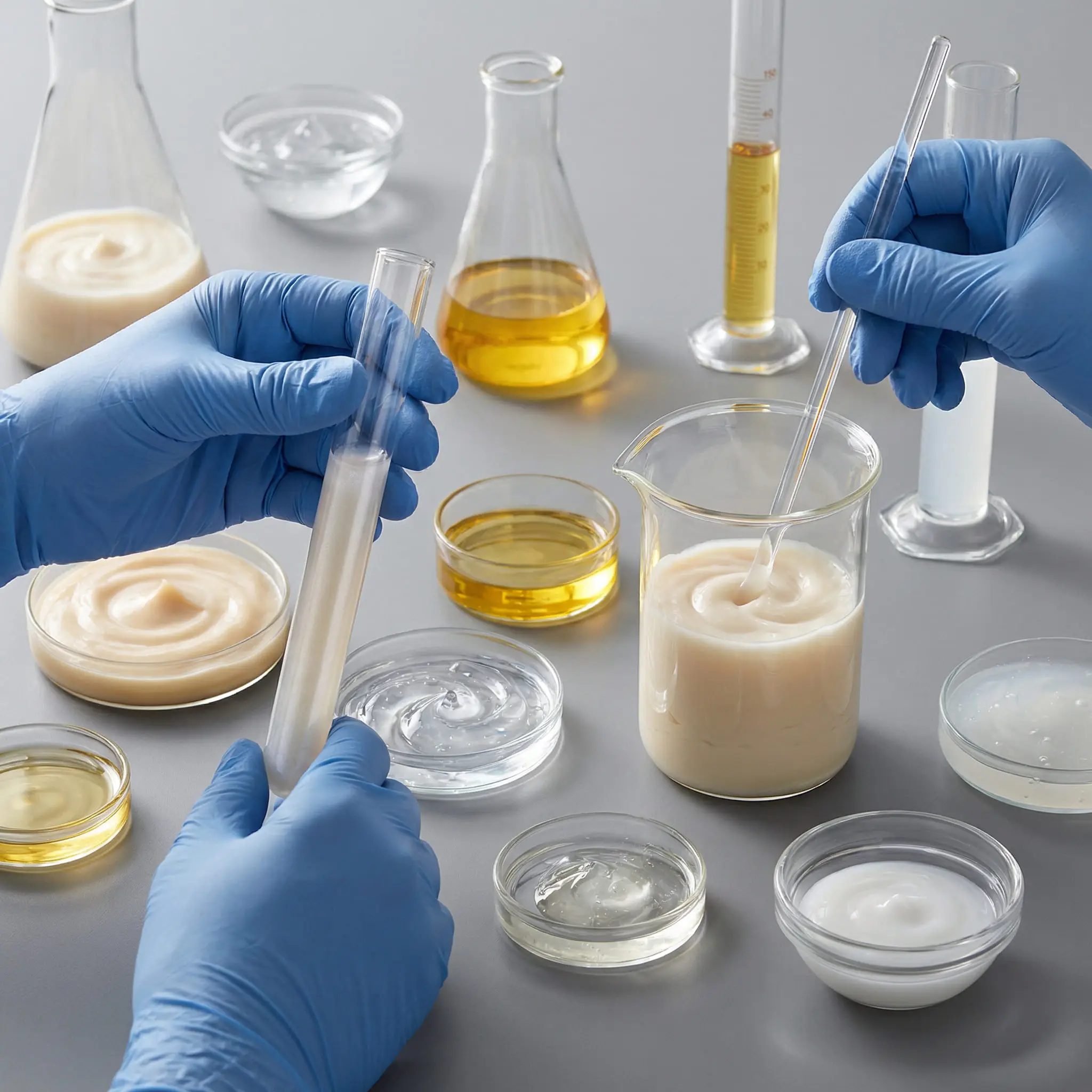 Technicians in blue gloves testing custom hair care formulas with glass tubes in a high-tech R&D laboratory.
