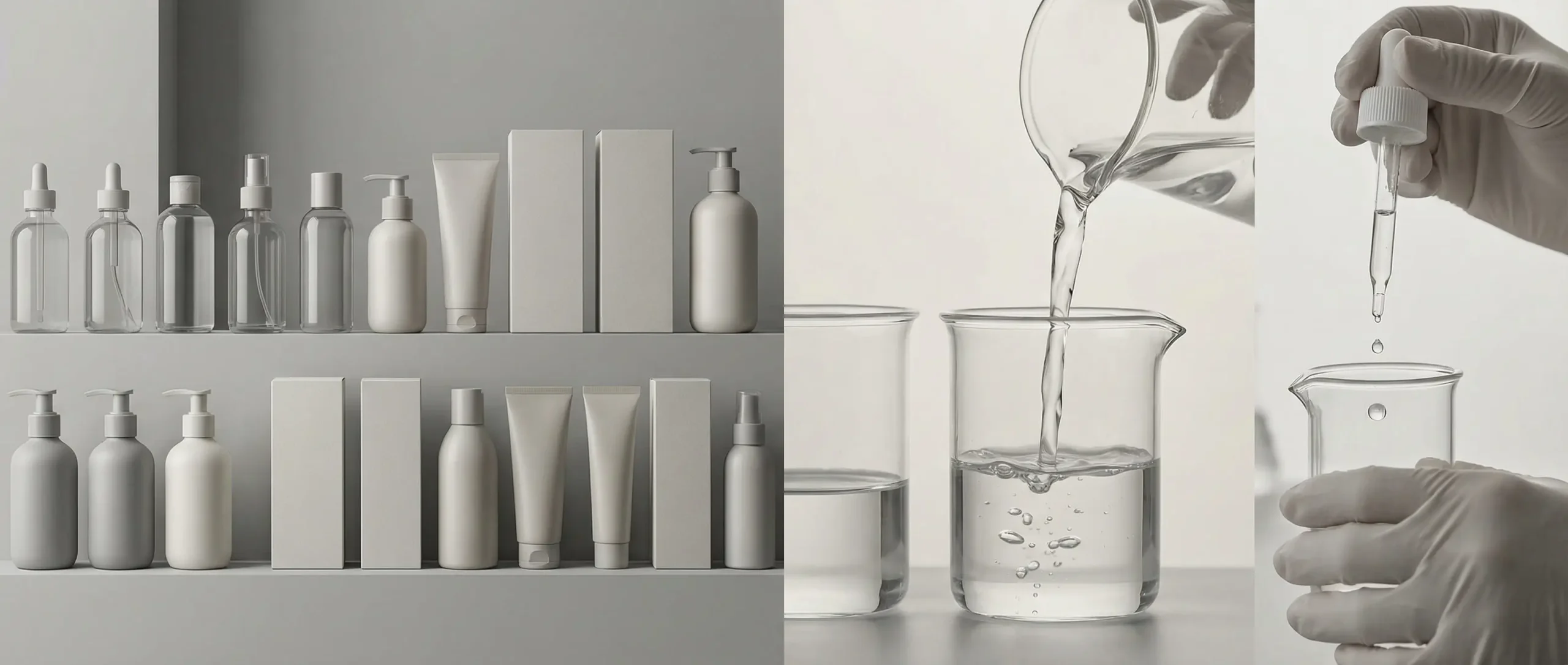 Collage showing diverse white label packaging and professional lab technicians formulating custom hair care products.