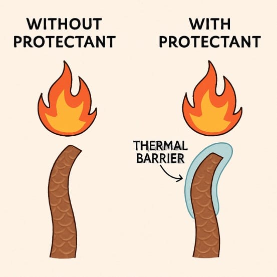Diagram showing how a thermal barrier protectant shields hair strands from high heat damage during styling.