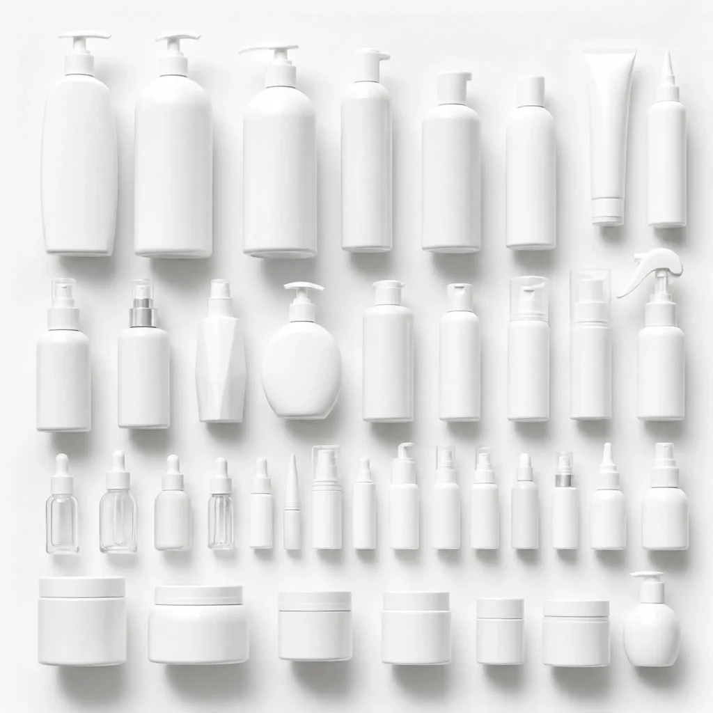 Row of white hair care bottles and tubes on a white background, pump and spray tops visible, arranged in a line for display purposes.