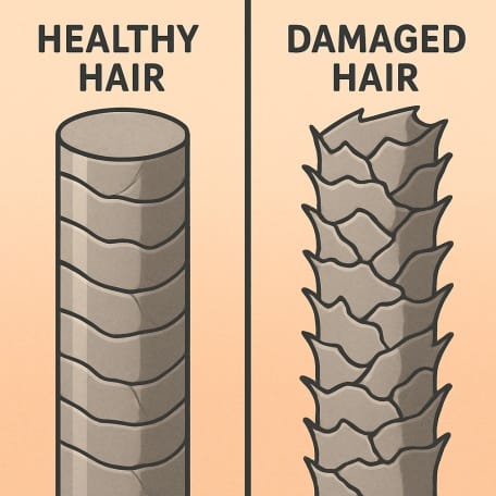 Illustration comparing smooth healthy hair cuticles with lifted damaged hair cuticles to show hair porosity.
