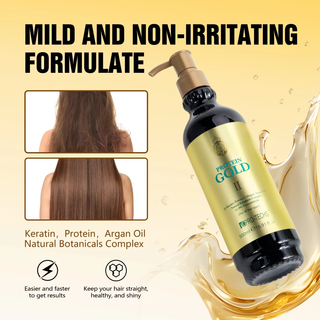 An infographic for "PROTEIN GOLD II" hair treatment, featuring a gold-labeled pump bottle alongside a before-and-after comparison showing frizzy hair becoming smooth and straight.