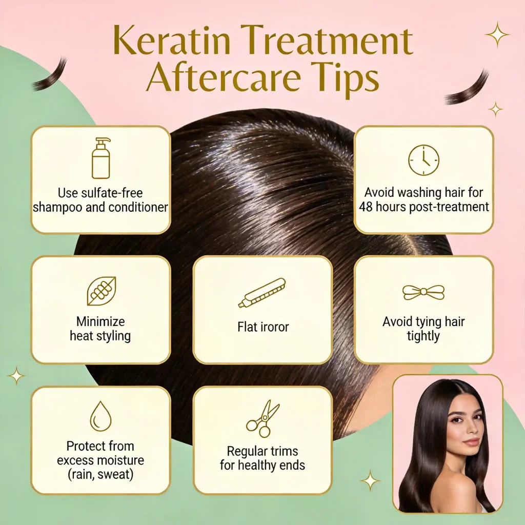 Infographic showing keratin treatment aftercare tips like using sulfate-free shampoo and avoiding hair washing for 48 hours.